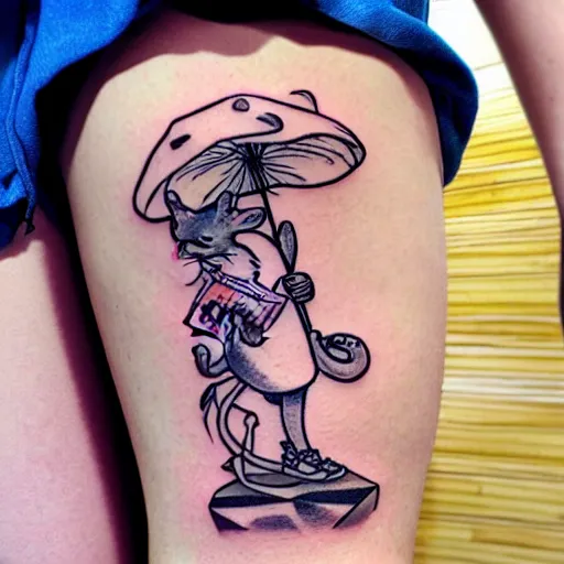 Image similar to tatoo on girl's leg with cute rat reading newspapper sitting on magic mushroom