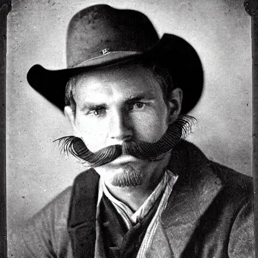 Image similar to A photograph portrait of Jerma985 as a cowboy with a pyramidal mustache in the late 1800s, taken in the late 1800s, 1870s, grainy, taken on a Field View Camera, realistic, hyperrealistic, very realistic, highly detailed, very detailed, extremely detailed, detailed, digital art, trending on artstation