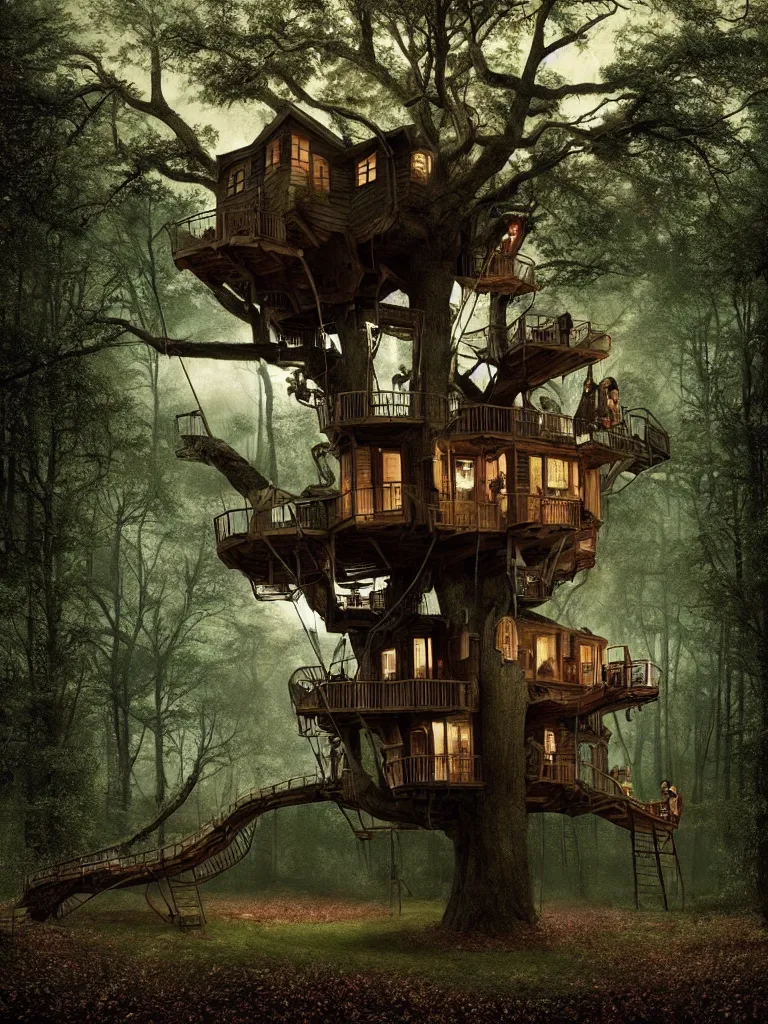 Image similar to a strange treehouse by gregory crewdson