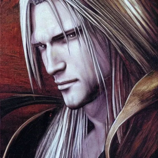 Prompt: Painting of Sephiroth from Final Fantasy 7. Art by Leonardo da Vinci. Extremely detailed. Award winning. 4K.