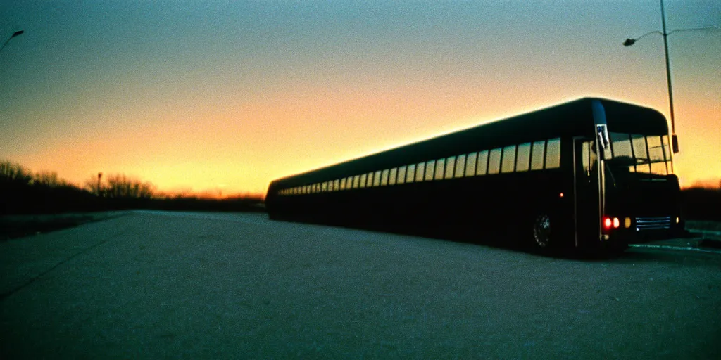 Image similar to an infinitely long greyhound bus never ending, sunset, eerie vibe, leica, 2 4 mm lens, cinematic screenshot from the 2 0 0 1 surrealist film directed by charlie kaufman, kodak color film stock, f / 2 2, 2 4 mm wide angle anamorphic