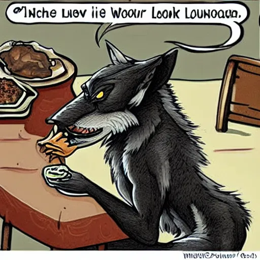 Prompt: A werewolf looking in disgust at his lunch