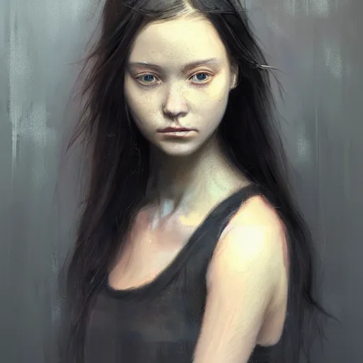 Image similar to portrait of a girl by greg rutkowski, she is about 2 0 years old, mixture between russian and japanese, prettt, black bob hair with two strands around her face, wearing a tank top and a oversized jumper overall, highly detailed portrait, digital painting, artstation, concept art, smooth, sharp foccus ilustration, artstation hq