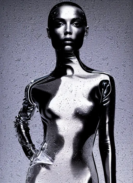 Image similar to futuristic lasers tracing, colorsmoke, leather fullbodysuit, pyramid hoodvisor, raindrops, wet, oiled, beautiful cyborg girl, by steven meisel, kaws, rolf armstrong, mondrian, kandinsky, perfect geometry abstract acrylic, octane hyperrealism photorealistic airbrush collage painting, dark monochrome, fluorescent colors, minimalist rule of thirds, eighties eros