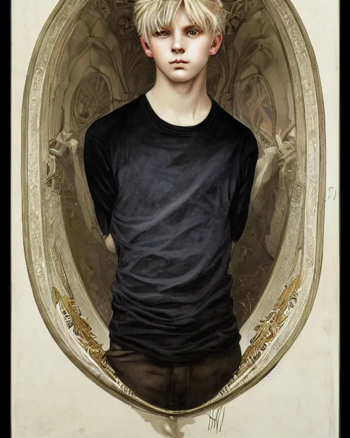 Image similar to portrait a 1 5 - year - old boy, with slender, white - blond hair, cold grey eyes, a pale complexion with sharp and pointed features, wearing black clothes, hyper realistic face, beautiful eyes, close up, fantasy art, in the style of greg rutkowski, intricate, alphonse mucha, hyper detailed, smooth