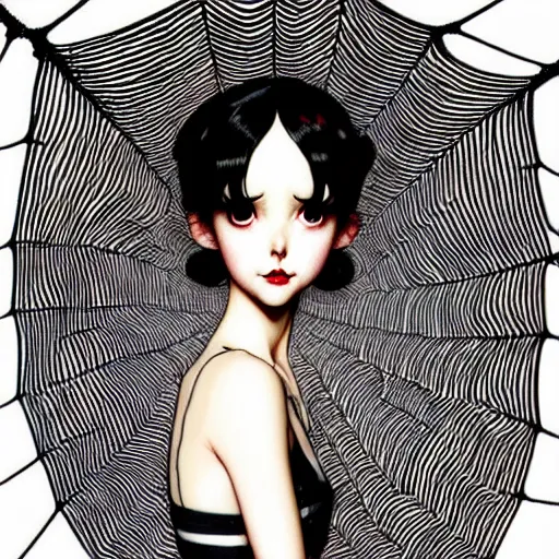 Image similar to portrait of an absurdly graceful, elegant, sophisticated, fashionably dressed, emo girl enveloped in spider web, by norman rockwell, range murata, pixar, studio ghibli, intricate line work, beautiful, trending on pinterest, artstation 8 k