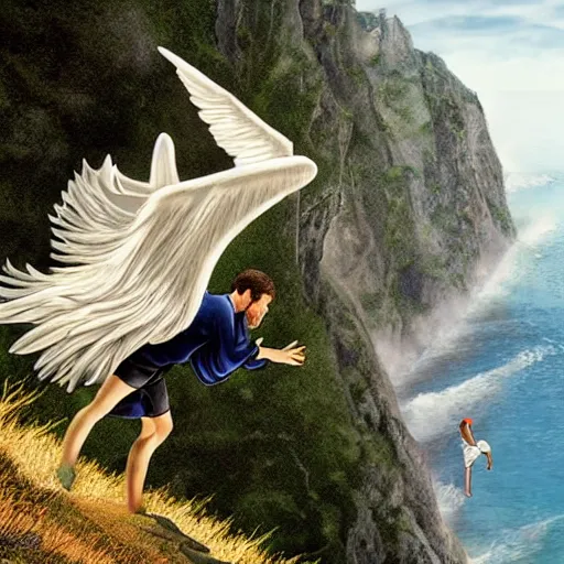 Image similar to guardian angel protecting man falling from a cliff