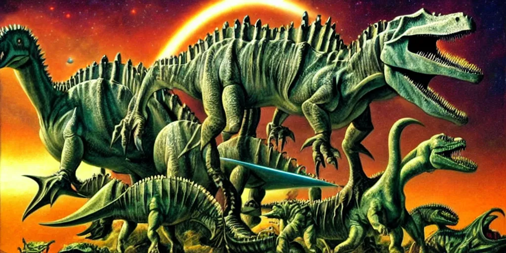 Image similar to metalheads riding dinosaurs in the space jungle, boris vallejo style, lord of the rings