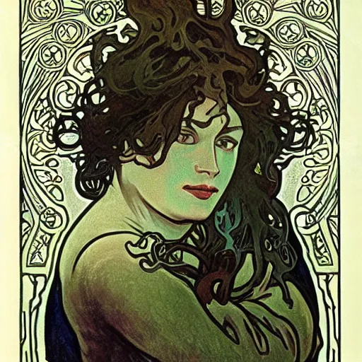 Prompt: lovecraftian protagonist by alphonse mucha