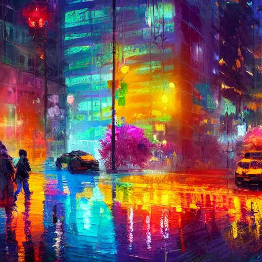 Prompt: acrylic painting, impressionism and expressionism, strong emotional impact, bold pastel colors, expressive brushstrokes, puddles, an art deco streetscape lined with beautiful flowers, by liam wong and tyler edlin, trending on artstation