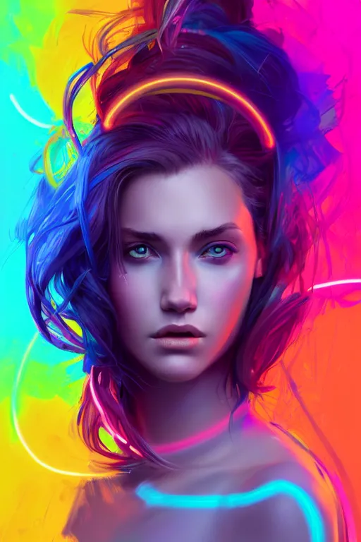 Image similar to a award winning portrait of a beautiful woman with stunning eyes in a one off shoulder crop top and cargo pants with rainbow colored hair, outlined by whirling illuminated neon lines and fine lines swirling in circles by greg rutkowski, digital art, trending on artstation