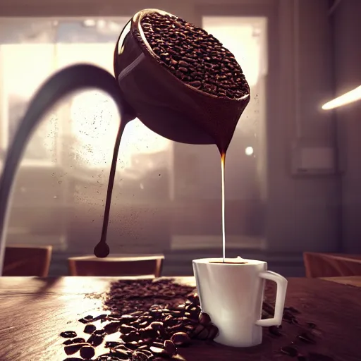 Image similar to : a sloppy cup of coffee with fluid flying out the cup hyperbolic ,hyper detailed art station  parabolic lighting unrealengine ,cinematic, hyper realism, high detail, octane render, 8k