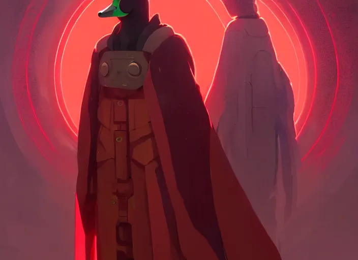 Prompt: cyberpunk mallard duck wearing red cultist robe, details, futuristic, epic, sacrificial altar, landscape illustration concept art anime key visual trending pixiv fanbox by wlop and greg rutkowski and makoto shinkai and studio ghibli and kyoto animation symmetrical facial features