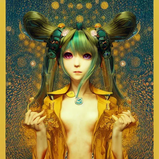 Image similar to hatsune miku, official artwork, danbooru, by Karol Bak, Jean Deville, Gustav Klimt, and Vincent Van Gogh, Surreality, fractal structures, arcane, ornate gilded medieval icon