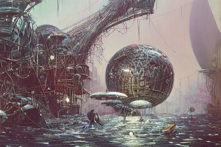 Image similar to river boats speeding between spherical tree houses on flooded streets of new york painting by h. r. giger and paul lehr