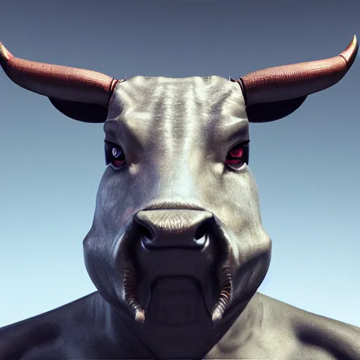 Image similar to an android ( bull ) modeled after a bull looking into the camera, android, cyborg, half body, intricate, 3 d, hyper realism, fantasy, depth of field, octane render, symmetrical, highly detailed, digital art, artstation, concept art, cinematic lighting, trending