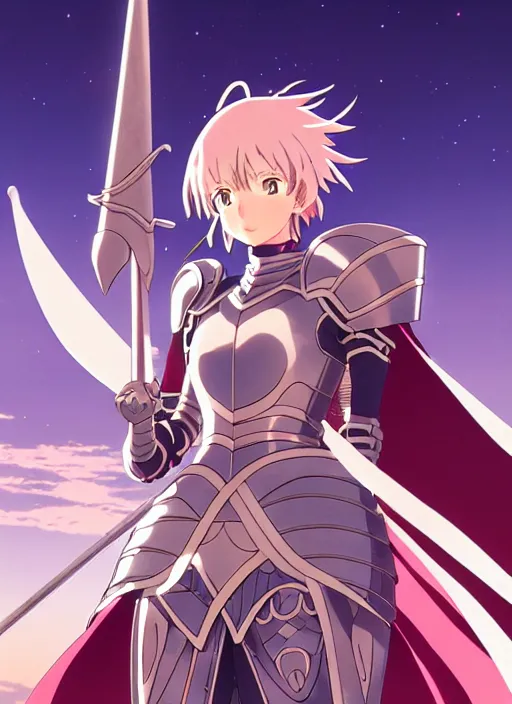 Prompt: key anime visual portrait of a woman knight in ceremonial armor, dynamic pose, cinematic, film grain, designed by yoh yoshinari, detailed, intricate, at night