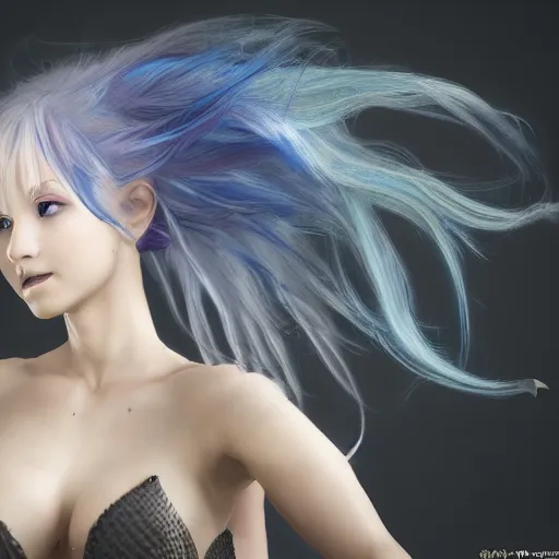 Prompt: portrait of young girl half dragon half human , dragon skin, dragon eyes, dragon crown, blue hair, long hair, highly detailed 3D render, 8k, rpg concept art character, jrpg character, manga, anime, video game character, concept art, by Yoshitaka Amano and David Cronenberg