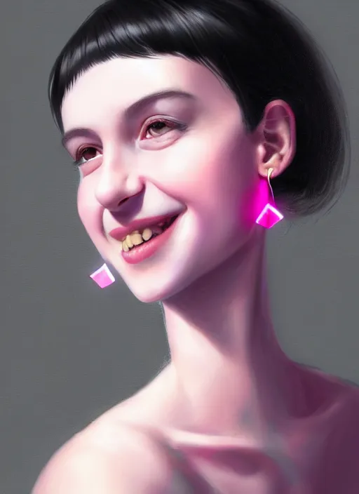 Image similar to portrait of teenage girl, realistic, black hair, bangs, half updo hairstyle, pointy nose, skinny, smile, ugly, defined jawline, big chin, pink hair bow, earrings, intricate, elegant, glowing lights, highly detailed, digital painting, artstation, sharp focus, illustration, art by wlop, mars ravelo and greg rutkowski