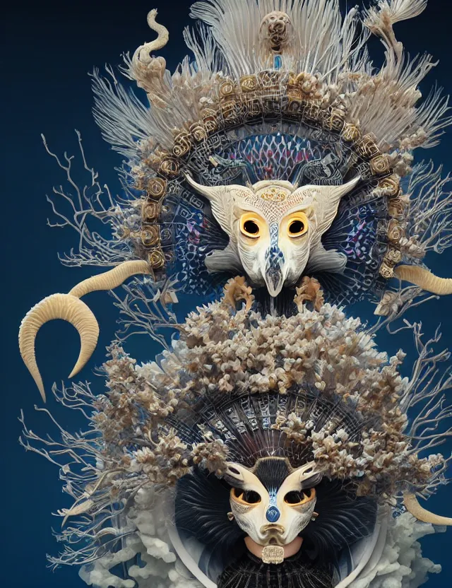 Image similar to 3 d goddess close - up frontal portrait with ram skull. beautiful intricately detailed japanese crow kitsune mask and clasical japanese kimono. betta fish, jellyfish phoenix, bio luminescent, plasma, ice, water, wind, creature, artwork by tooth wu and wlop and beeple and greg rutkowski