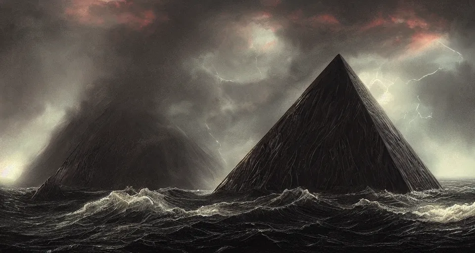 Prompt: black lovecraftian eldritch!! obsidian pyramid!! on a snowy island surrounded by raging stormy seas by eugene von guerard, ivan shishkin, night, red lightning!!, storm!, dramatic lighting, concept art, trending on artstation, 8 k