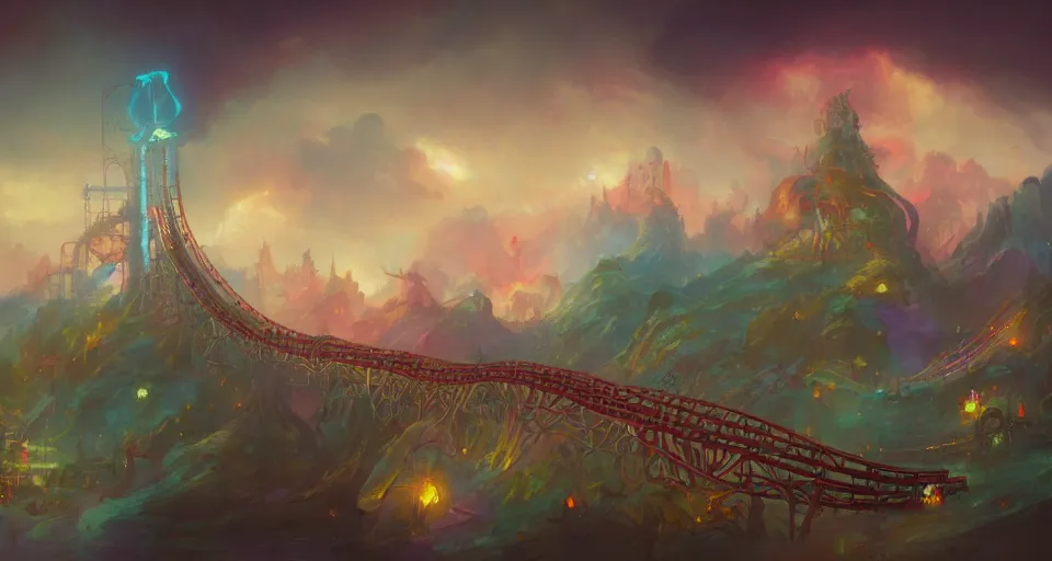 Image similar to a roller coaster with Pastel coloring by peter mohrbacher, vivid colors, matte painting, 8K, concept art, mystical color scheme, trending on artstation
