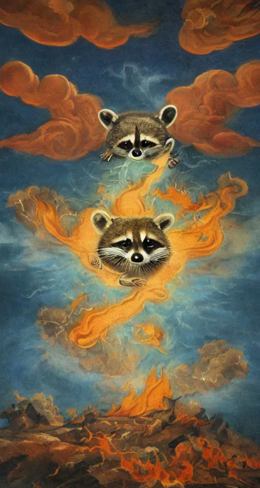 Prompt: surrealistic fresco of a god raccoon on a cloud, hovering over a lake of fire, apocalyptic scenario