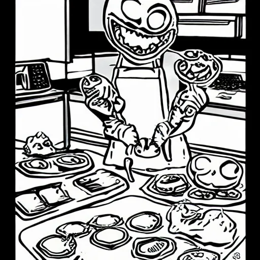 Image similar to evil anthropomorphic cookie cooking a bunch of cookies, in the kitchen, award winning manga style, black ink