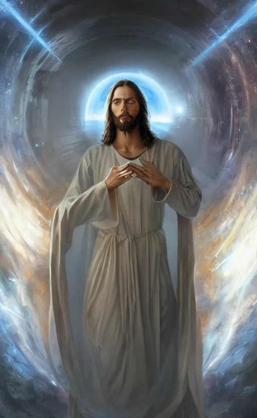 Prompt: jesus looking into a portal hopping and time warping with reckless abandon, masterpiece digital painting by Greg Rutkowski, Alex Grey, artstation, 4k wallpaper