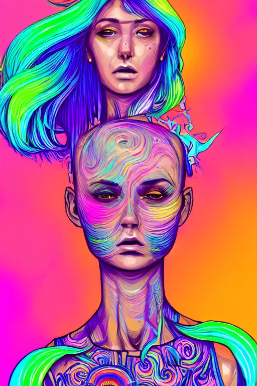 Image similar to a award winning half body portrait of a beautiful woman with stunning eyes in a printed croptop and cargo pants with rainbow colored ombre hairstyle head in motion and hair flying by josan gonzales, outrun, vaporware, shaded flat illustration, digital art, trending on artstation, highly detailed, fine detail, intricate