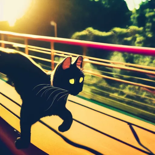 Image similar to black cat on a rollercoaster looping. focus on cats face. sunlight. polaroid photo. bright colors.