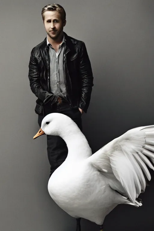 Image similar to ryan gosling fused with a white goose, wings, hands, natural light, bloom, detailed face, magazine, press, photo, steve mccurry, david lazar, canon, nikon, focus