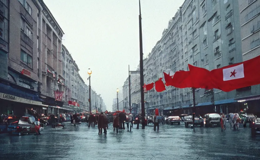 Prompt: 1990s movie still of a yougoslavian street with many pedestrians with stalinist style highrise, Cinestill 800t 18mm, heavy grainy picture, very detailed, high quality, 4k panoramic, HD criterion, dramatic lightning, streetlight at night, rain, mud, foggy, many CCCP flags