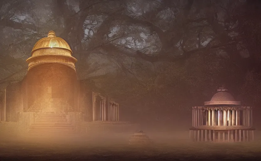 Prompt: a neoclassical tower with dome on a magical gloomy mystical forest, next to a beatiful aztec pyramid and a ancient greek temple. by frank lloyd wright, wlop, futuristic, fractal flame