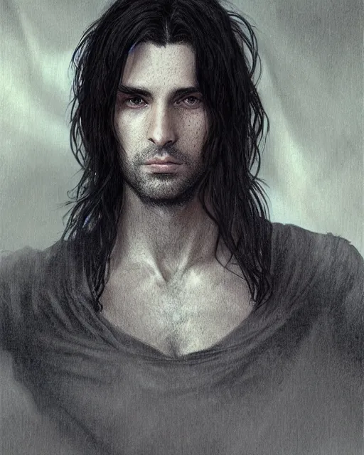 Image similar to portrait of tall, 3 3 - year - old handsome man with long dirty black hair, and grey eyes, wearing black clothes, clear face, hyper realistic face, beautiful eyes, close up, fantasy art, in the style of greg rutkowski, intricate, alphonse mucha, hyper detailed, smooth