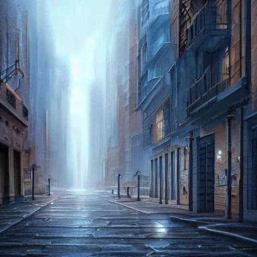 Image similar to Atmospheric painting of a street in chicago where all the buildings are made of crystal, digital art, highly detailed, extreme quality, dramatic lighting, trending on artstation, by a famous artist, moody, ethereal