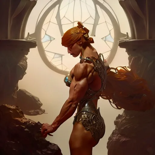 Image similar to , muscular upper body, D&D, fantasy, intricate, elegant, highly detailed, digital painting, artstation, concept art, smooth, sharp focus, illustration, art by artgerm and greg rutkowski and alphonse mucha