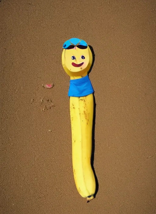 Image similar to jeff goldblum as a banana on the sand of a beach