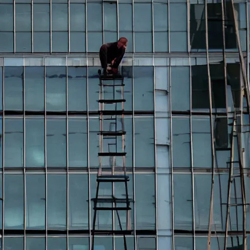 Image similar to a man trying to write the word the on top of a building in stilts