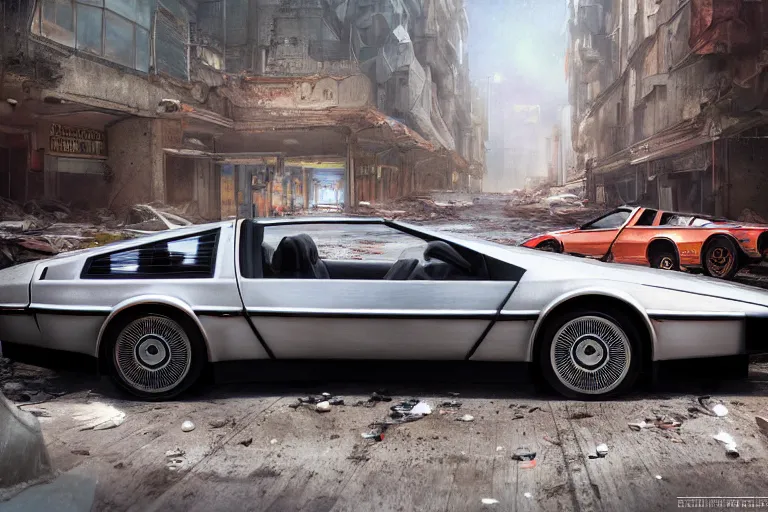 Image similar to highly detailed photograph of a delorean parked on the streets of a cyberpunk abandoned city, doors are open, by greg rutkowski and stanley artgerm and alphonse mucha, octane, sharp focus, hyperrealistic, masterpiece