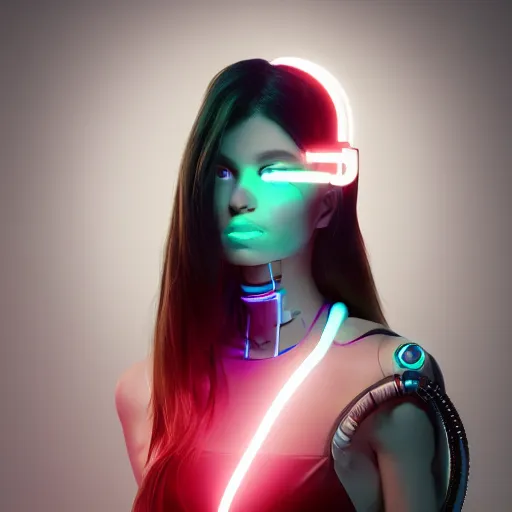 Image similar to a portrait of a female cyborg, fashion, streak lights, ligjt trail, color gel, photogtaphy, canon r 5, wide angle, white background, 3 d render, unreal engine, white suit, neon, neonlights