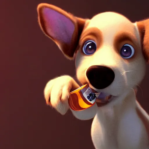 Image similar to cute puppy drinking soda, 8k, fantasy, cinematic lighting, highly detailed, digital painting, artstation, smooth, sharp focus, illustration, by Pixar