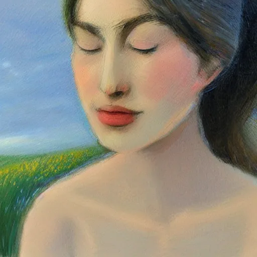 Image similar to This conceptual art captures the beauty and mystery of the woman sitting before us. Her enigmatic smile and gaze seem to invite us into her world, and we cannot help but be drawn in. The softness of her features and the delicate way she is dressed make her seem almost ethereal. The background landscape adds to the feeling of distance and mystery, making us wonder what secrets this woman holds. razzmatazz by Ben Quilty evocative