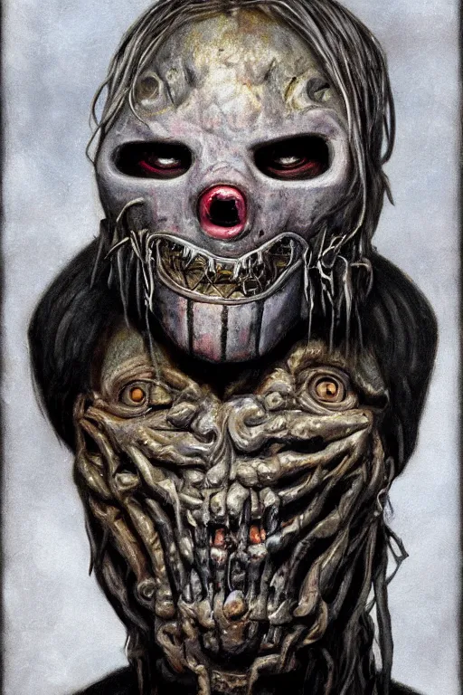 Image similar to a full body high detail fantasy portrait oil painting illustration of slipknot band by justin sweet with face and body clearly visible, in a scenic background, realistic proportions, d & d, rpg, forgotten realms, artstation trending, high quality, sombre mood, artstation trending, muted colours, entire person visible!