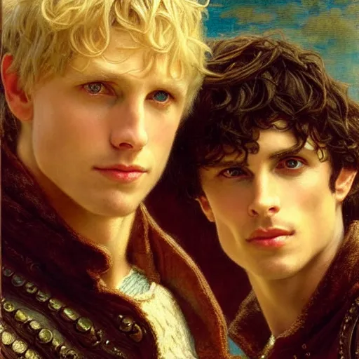 Image similar to arthur pendragon and merlin. close up of their faces. natural lighting. highly detailed painting by gaston bussiere, j. c. leyendecker 8 k