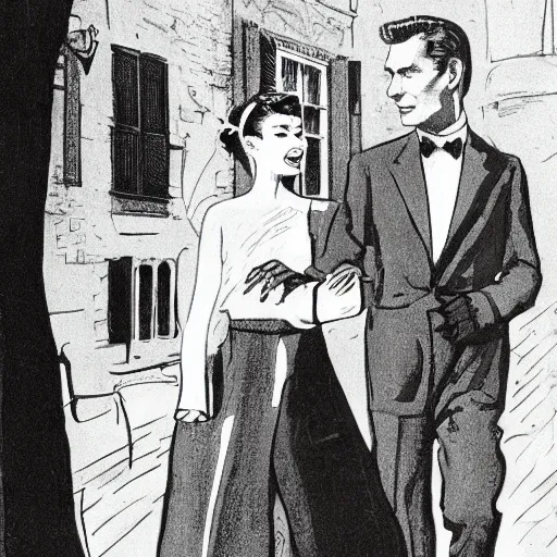 Image similar to illustration of Hubert de givenchy and Audrey Hepburn talking a walk highly detailed, cinematic