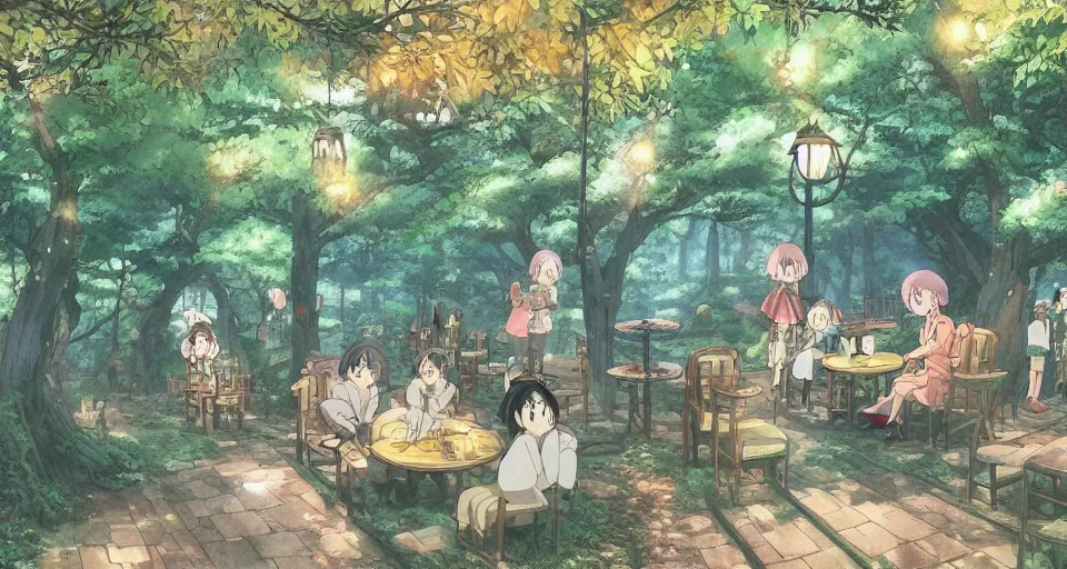 Prompt: Anime visual of a cozy cafe in a magical forest; cheerful and peaceful mood; illustrated by Hayao Miyazaki; anime production by Studio Ghibli; high quality; visually stunning; majestic; fall; official media