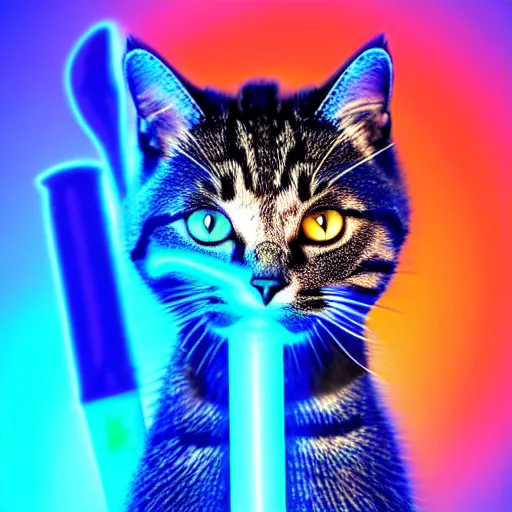 Prompt: Cat holding a glowing blue sword , digital art , 4k