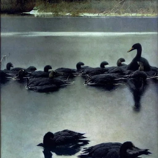 Image similar to black swans all mixed together in the dark waters. immersive perspective, interesting composition. concept art. highly detailed. by andrew wyeth, john dollman and william bouguereau-W 1024