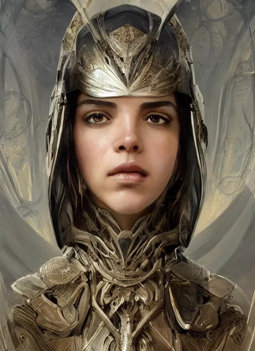 Image similar to a professional portrait of a beautiful young female, clothed in ethereal battle armor, olive skin, long dark hair, beautiful bone structure, symmetrical facial features, intricate, elegant, digital painting, concept art, smooth, sharp focus, finely detailed, illustration, from Valerian and the City of a Thousand Planets, in the style of Ruan Jia and Mandy Jurgens and Artgerm and Greg Rutkowski and William-Adolphe Bouguerea